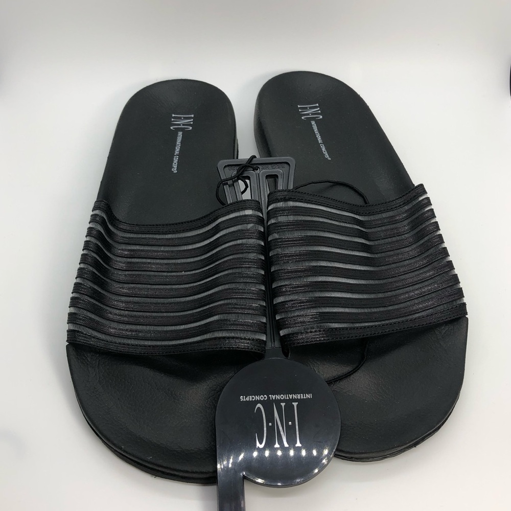 INC Womens Sz XL (11/12) Mesh Stripe Slides Slippers Pool House Dorm Shoes Black